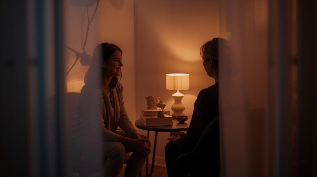 A compassionate lawyer (or support professional) sitting with a client in a calm, private interview room. Soft lighting, comforting setting