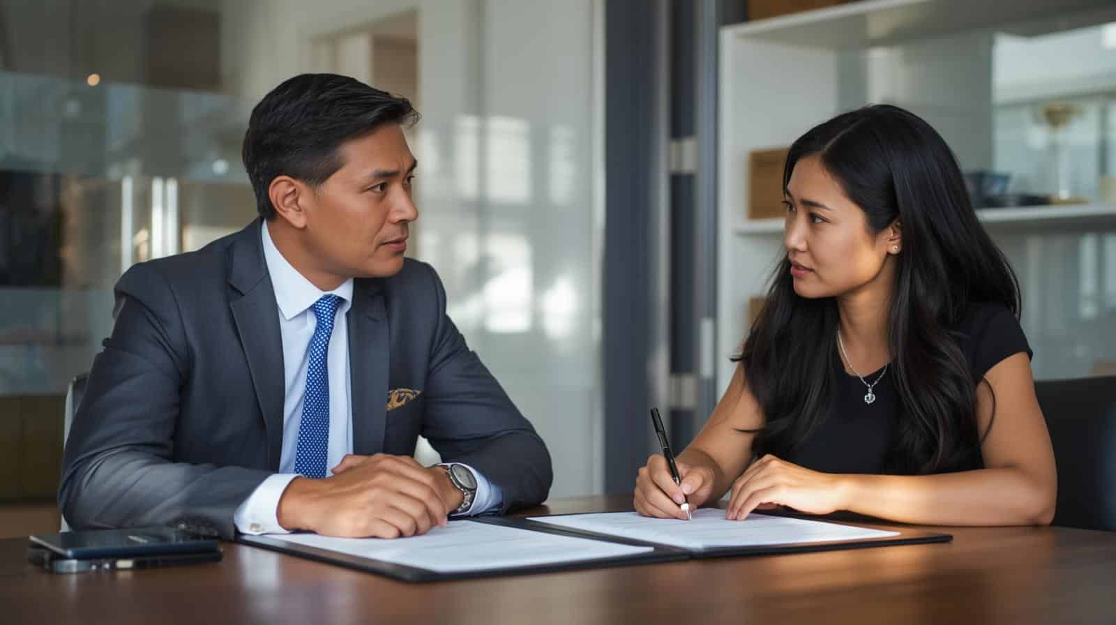 A confident solicitor in a modern office speaking with a client over documents client and lawyer