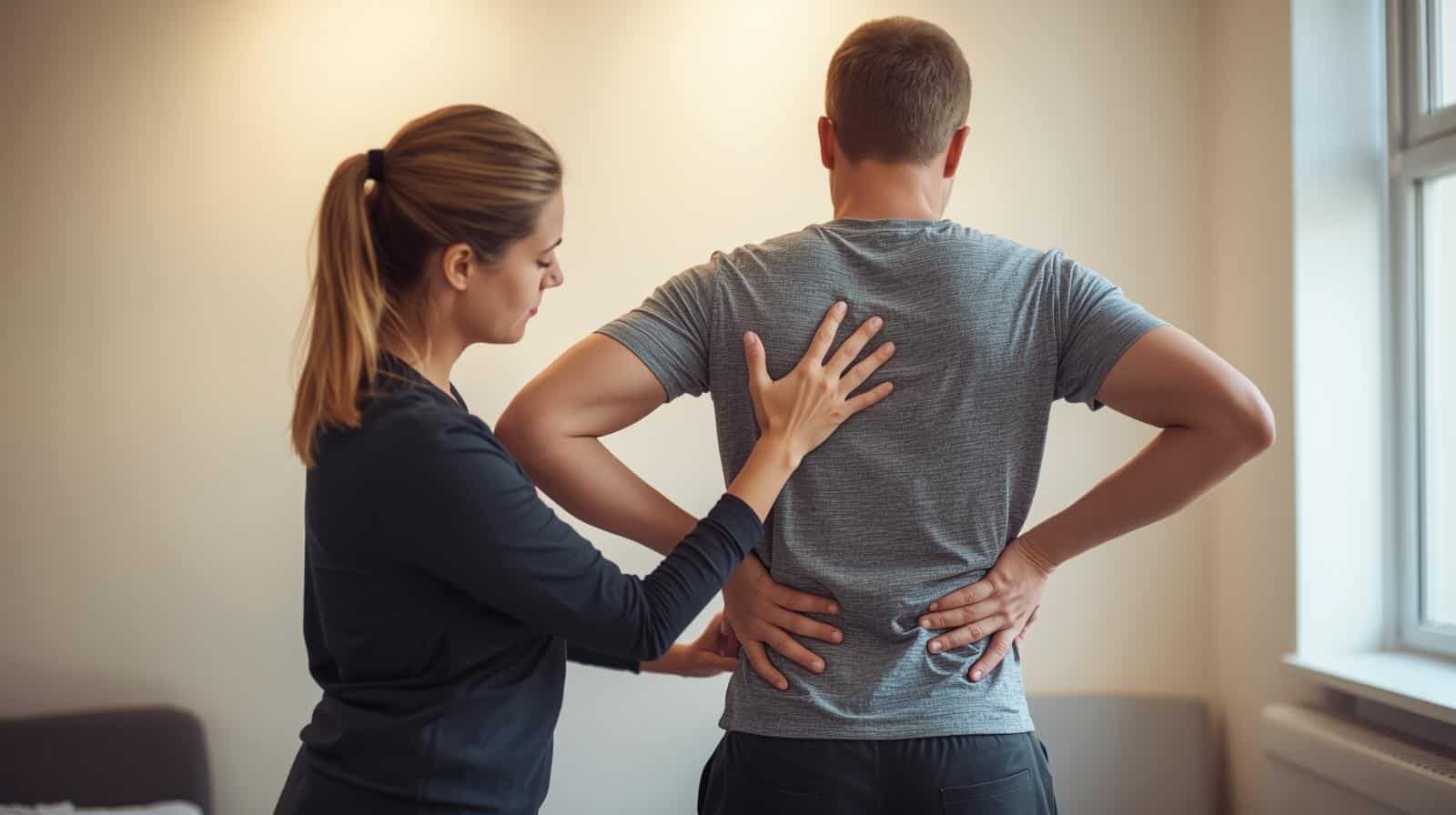 physiotherapist gently assessing a person’s lower back