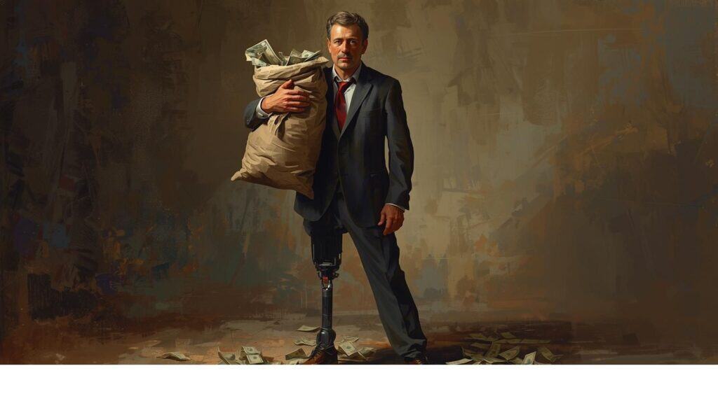 Man with one leg and holding a lump sum payment